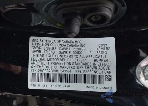 2021 Honda Civic Lx from USA, damaged, VIN 2HGFC2F69MH543164